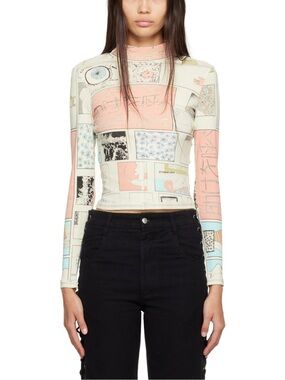 Eckhaus Latta Cream Mock Neck Printed Long Sleeve Top with Pink & Blue Panels
